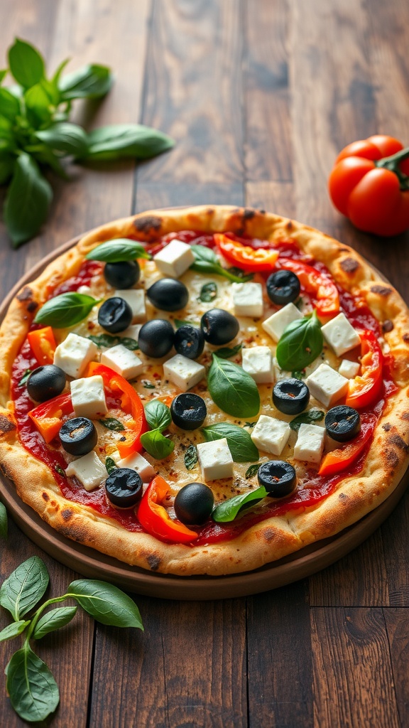 A delicious Mediterranean veggie pizza topped with olives, bell peppers, and feta cheese.
