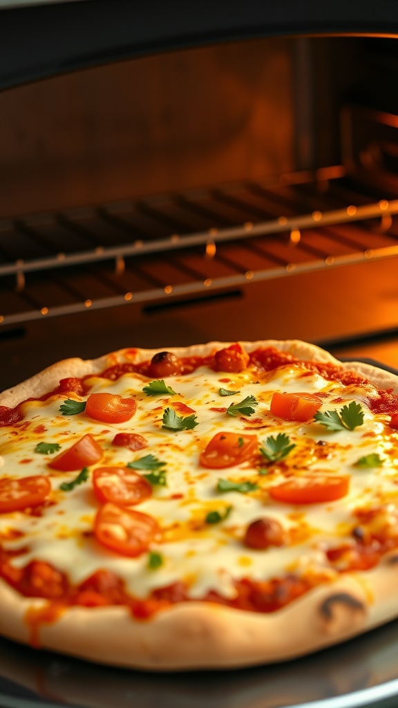 A delicious Mexican pizza topped with melted cheese, tomatoes, and cilantro