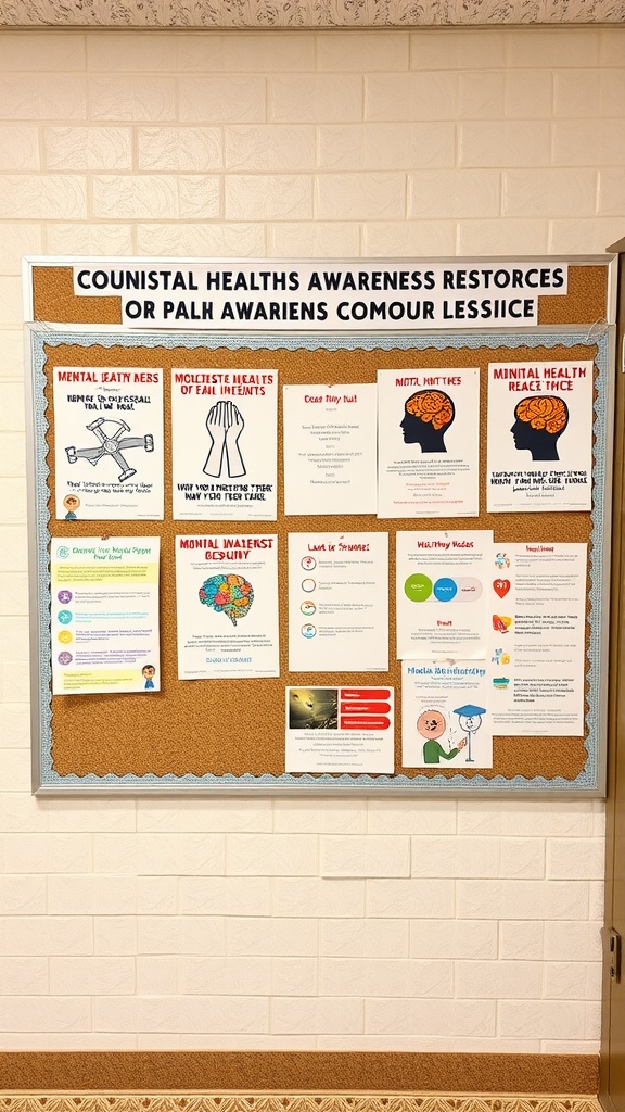 A bulletin board displaying mental health awareness posters and information in a school counselor's office.