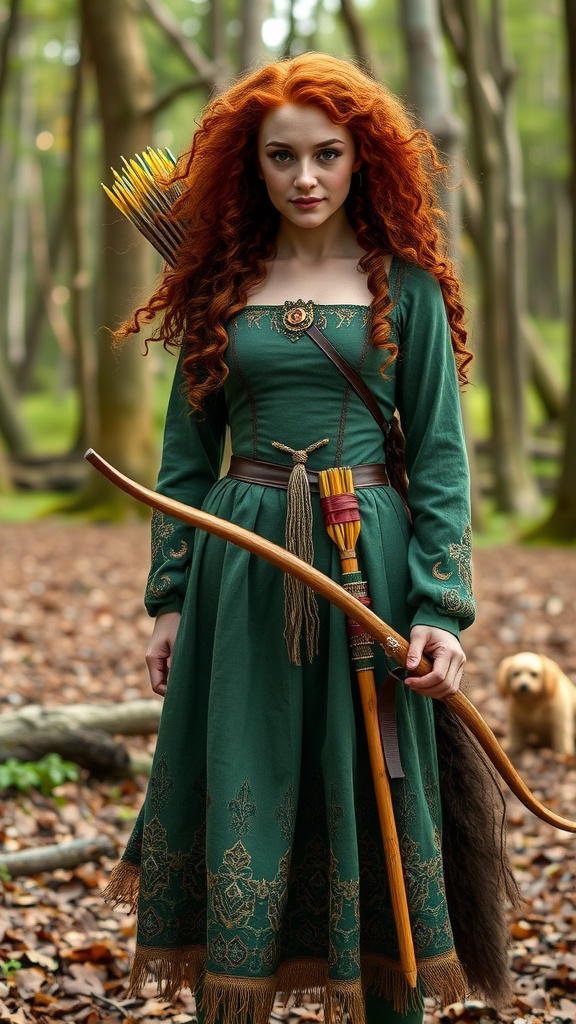 Merida from Brave wearing a green dress with arrows and a bow in a forest