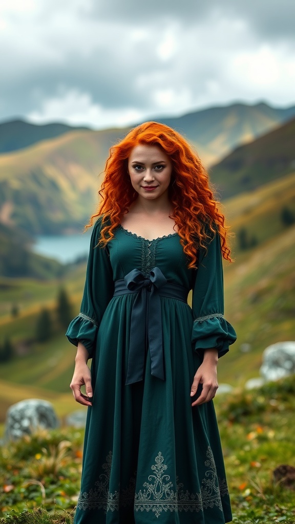 A young woman in a green dress with long sleeves, standing in a mountainous landscape, representing Merida from Disney's 'Brave'.