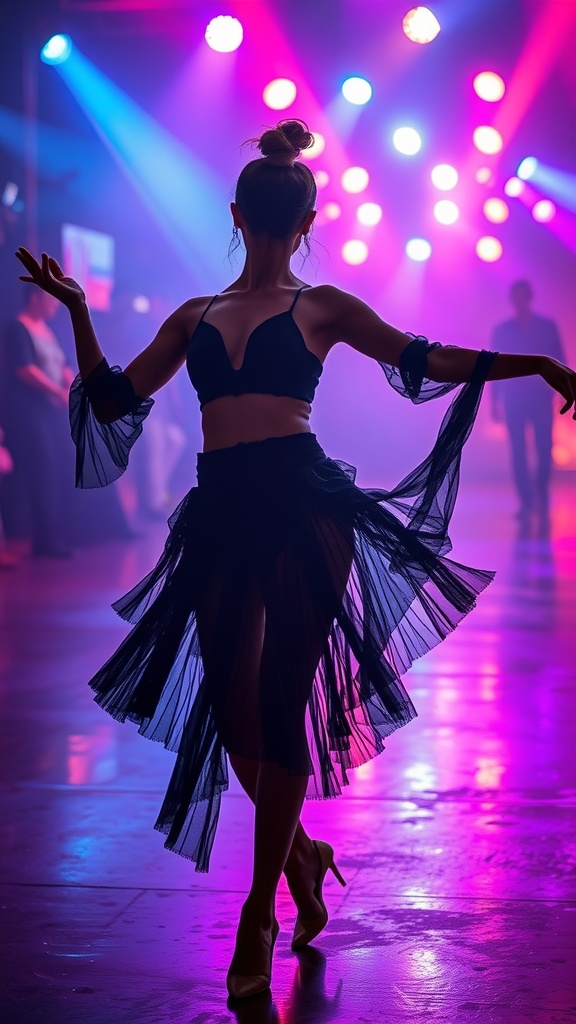 A dancer in a black mesh and sheer outfit, moving gracefully under colorful lights