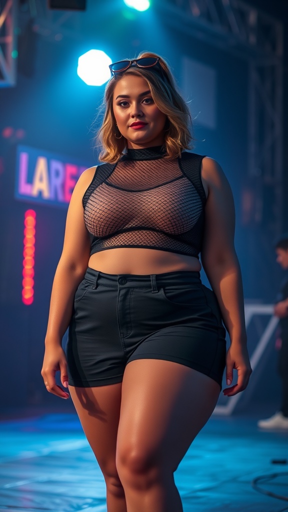 A model wearing a black mesh crop top and high-waisted shorts at a rave event.