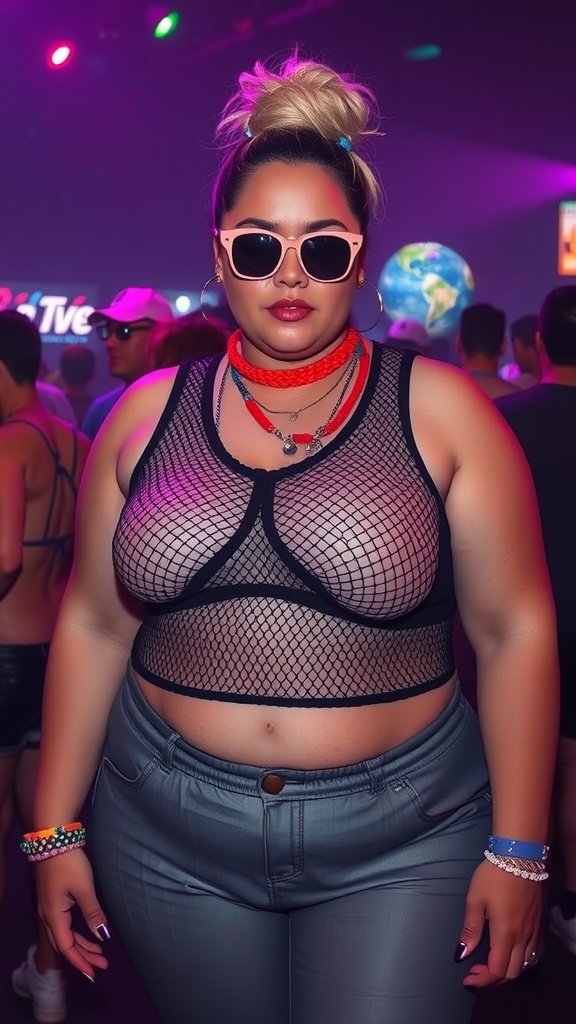 Plus-size individual wearing a black mesh crop top and accessories at a rave.
