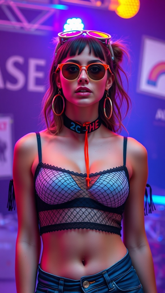 A model in a mesh layered outfit with sunglasses and bold accessories