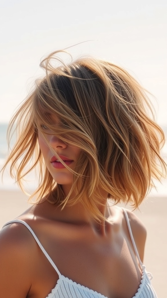 A woman with a messy beach waves bob hairstyle, showcasing tousled waves and sun-kissed highlights.