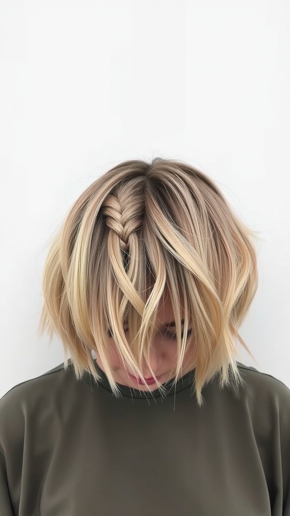 A messy bob hairstyle with braided accents, featuring tousled hair and warm tones.