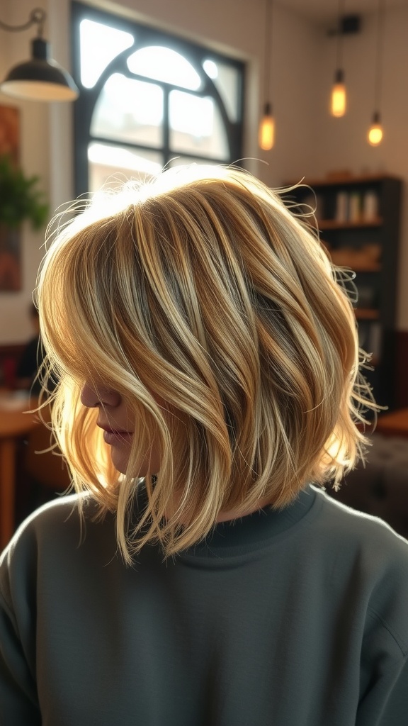 A woman with a messy bob hairstyle featuring highlights, showcasing a relaxed and stylish look.