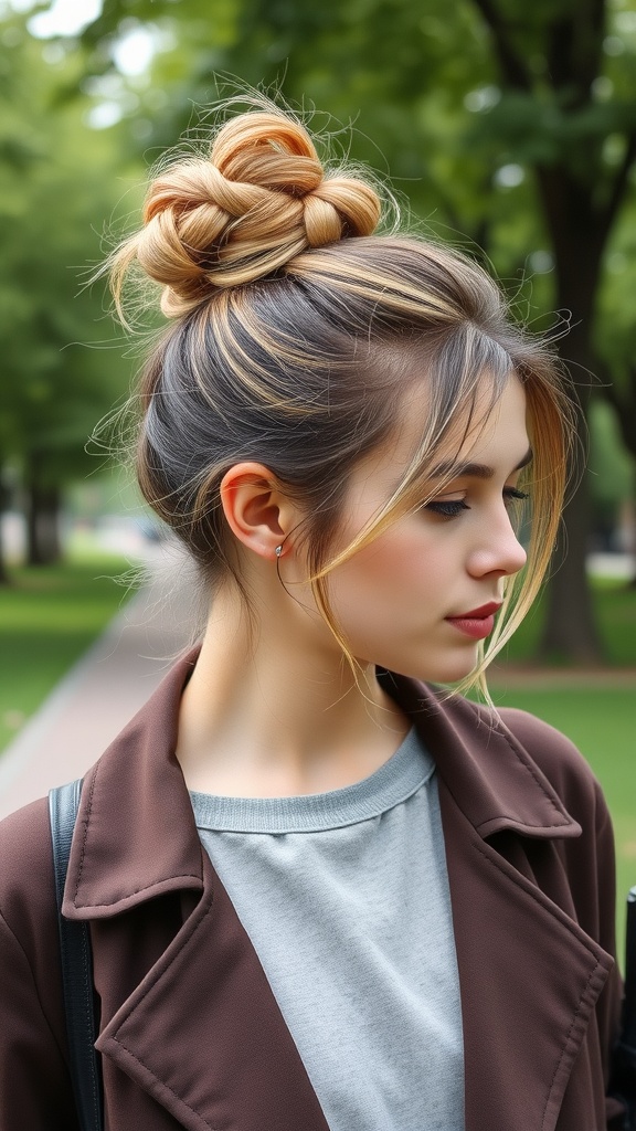 A woman with a messy bun hairstyle, wearing a brown coat and gray shirt, standing outdoors.
