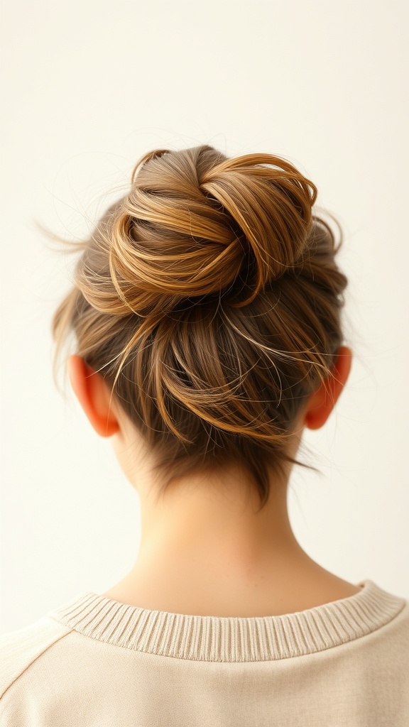 A woman with a messy bun hairstyle, showcasing a casual and stylish look.