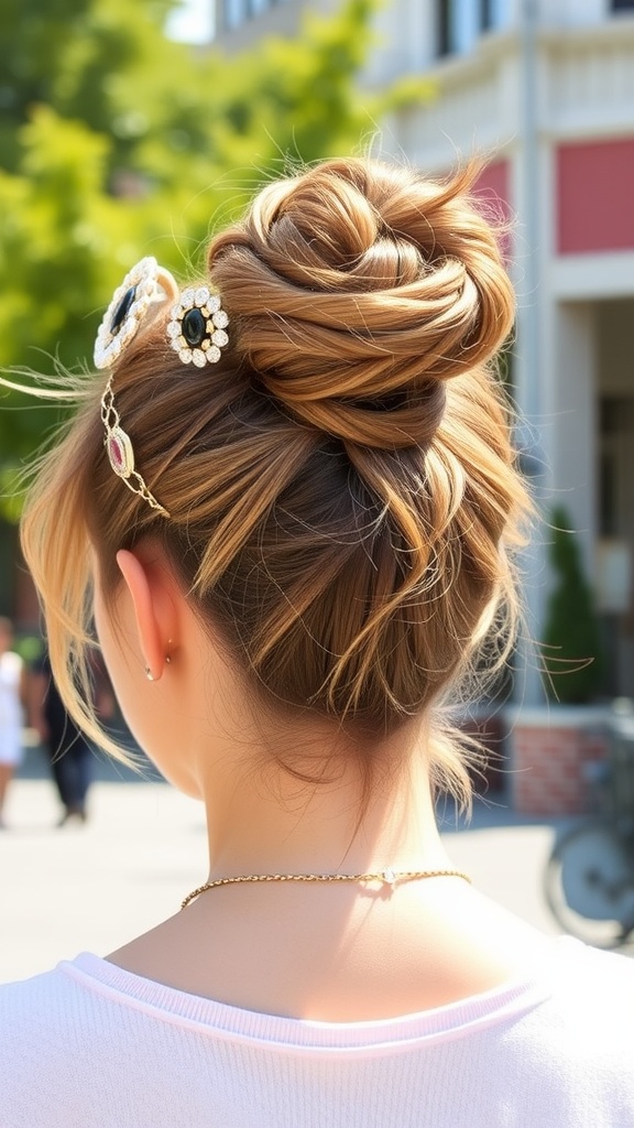 A woman with a stylish messy bun decorated with elegant hair accessories.