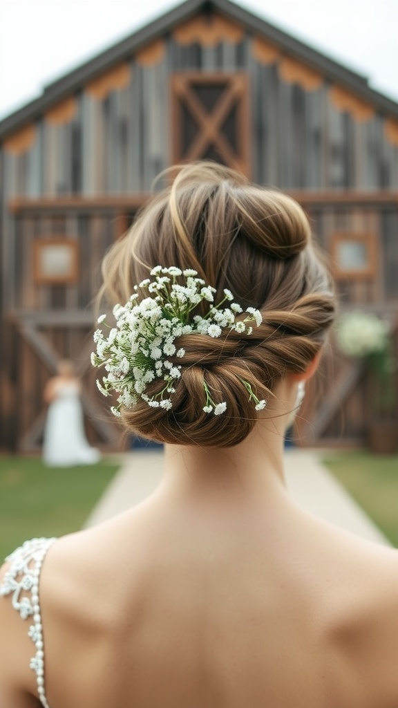 A messy bun hairstyle decorated with baby's breath, set against a rustic barn backdrop.