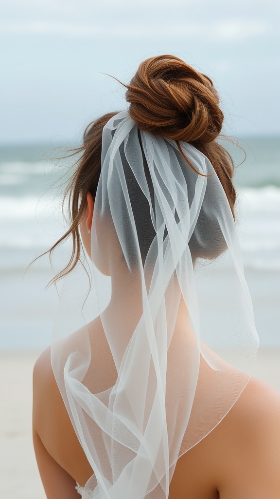 A beautiful messy bun hairstyle adorned with a flowing bohemian veil, seen from the back, perfect for a wedding.