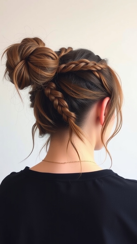 A casual messy bun hairstyle with braided accents, showcasing a stylish and relaxed look.