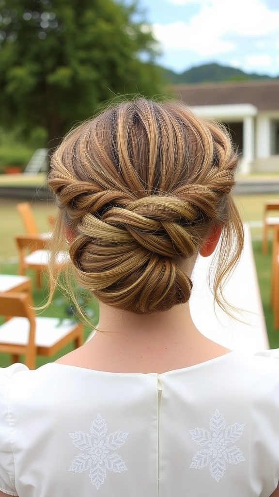 A close-up view of a messy bun hairstyle with braided details, showcasing loose strands and a relaxed, elegant style.