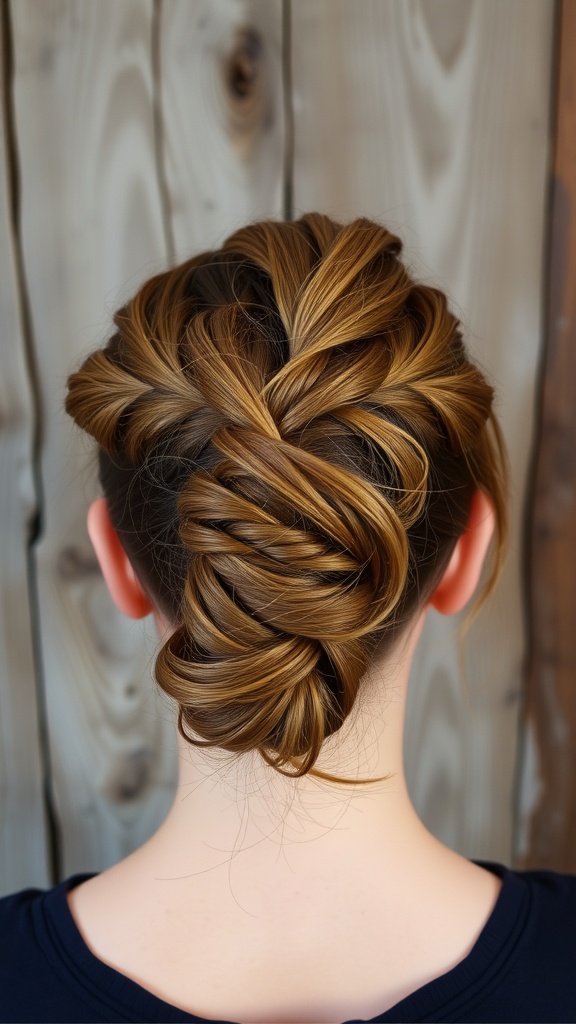 A messy bun hairstyle featuring intricate braided details, viewed from the back.