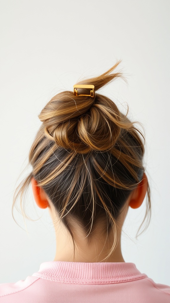 A messy bun hairstyle secured with a claw clip, featuring loose strands of hair.