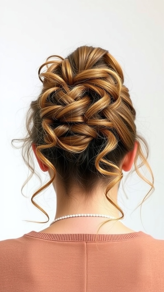 A messy bun hairstyle featuring curly tendrils framing the face.