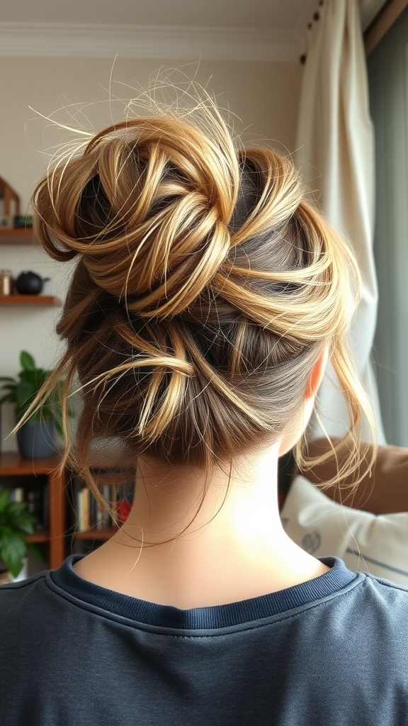 A woman with a messy bun hairstyle featuring face-framing layers, viewed from the back.