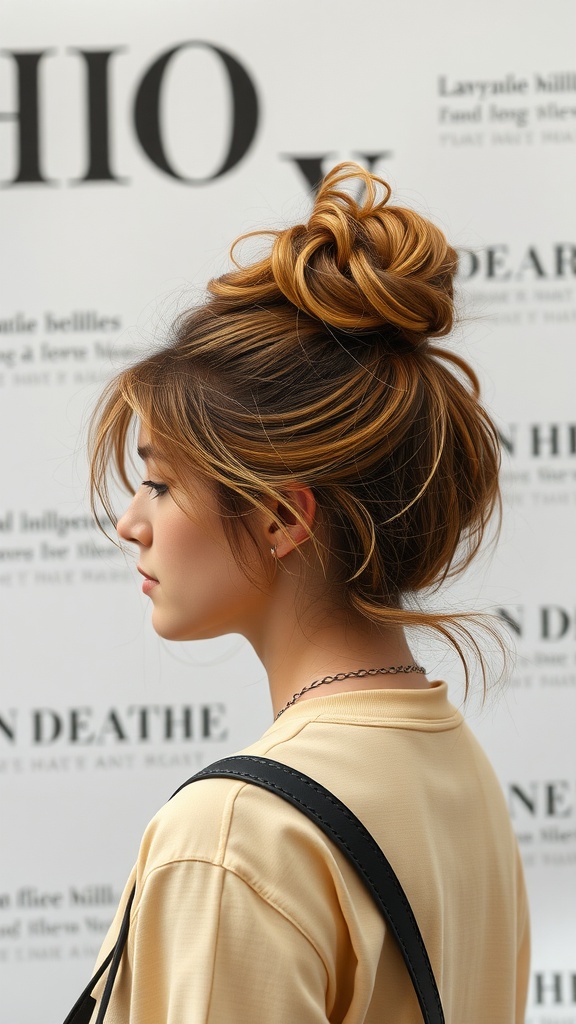 A woman with a messy bun hairstyle, featuring face-framing pieces and a neutral outfit.