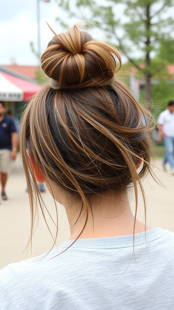A woman with medium length hair styled in a messy bun with face-framing strands.
