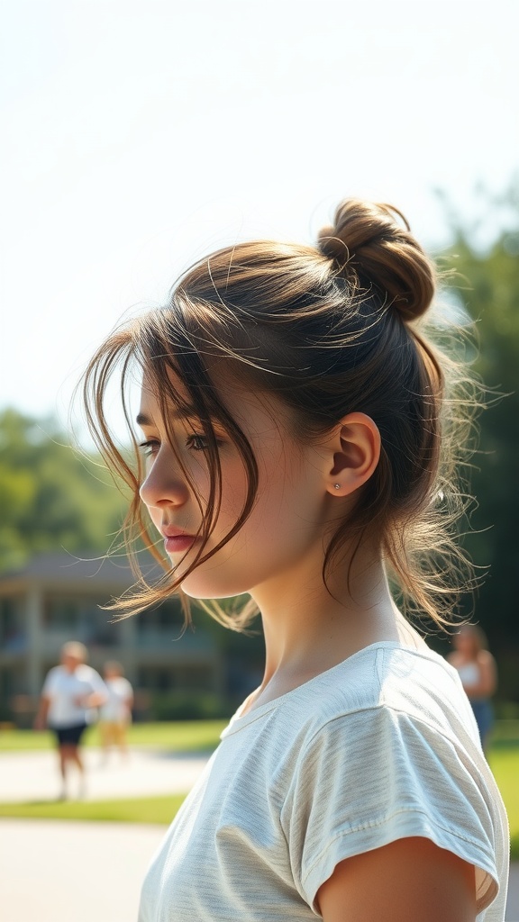 A young girl with a messy bun hairstyle and face-framing strands.