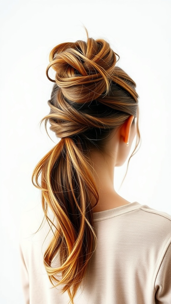 A messy bun with a faux ponytail attachment, showcasing a blend of hair colors and soft curls.