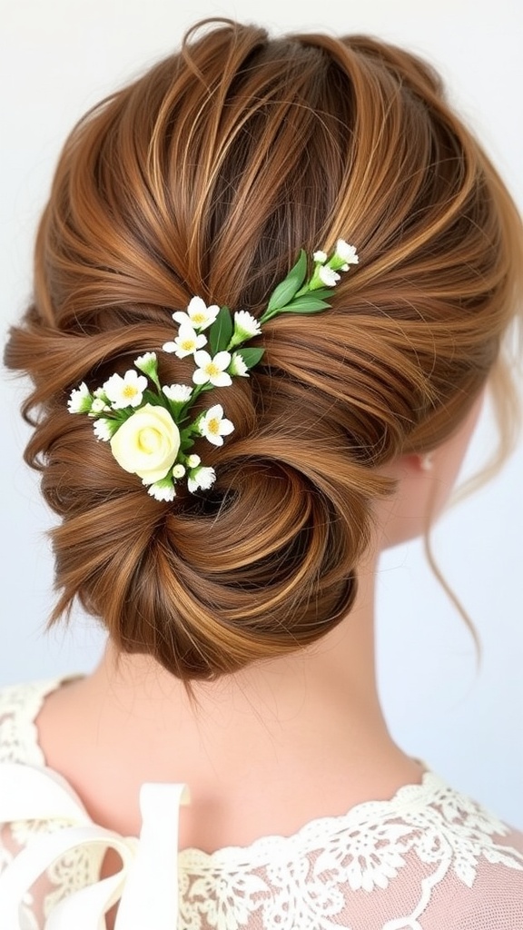 A hairstyle featuring a messy bun adorned with small white flowers and a rose, showcasing a romantic bridal theme.