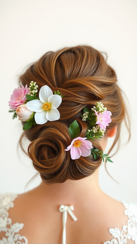 A messy bun adorned with colorful flowers, perfect for a wedding hairstyle.