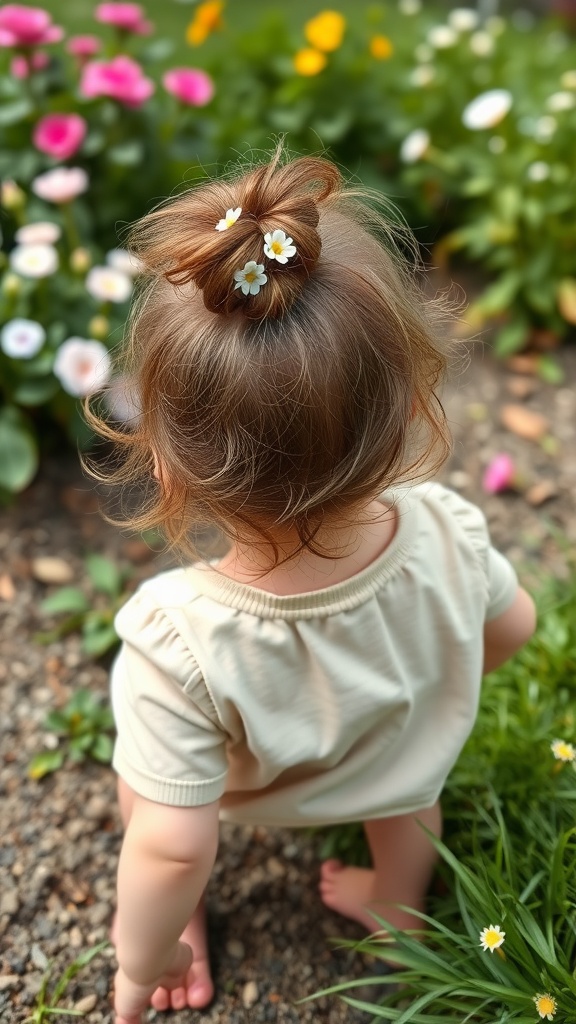 Toddler with messy bun hairstyle decorated with flowers, standing in a garden filled with colorful flowers.