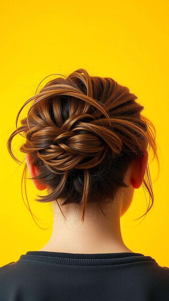 A messy bun hairstyle with short layers, showcasing a relaxed and trendy look against a bright yellow background.