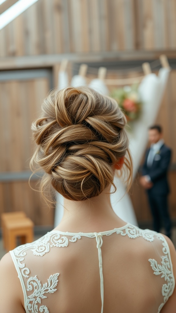 A bride with a messy bun hairstyle featuring soft tendrils, capturing a relaxed and romantic look.