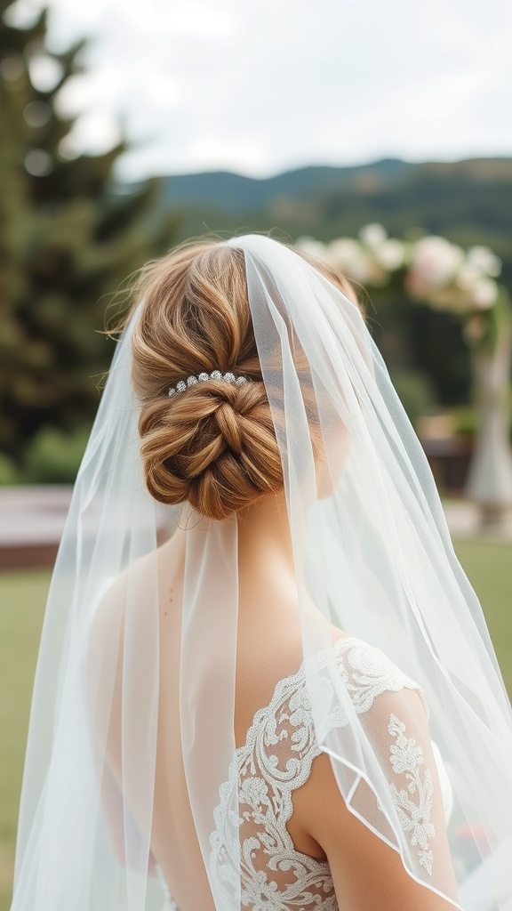 Bridal hairstyle featuring a messy bun with a veil