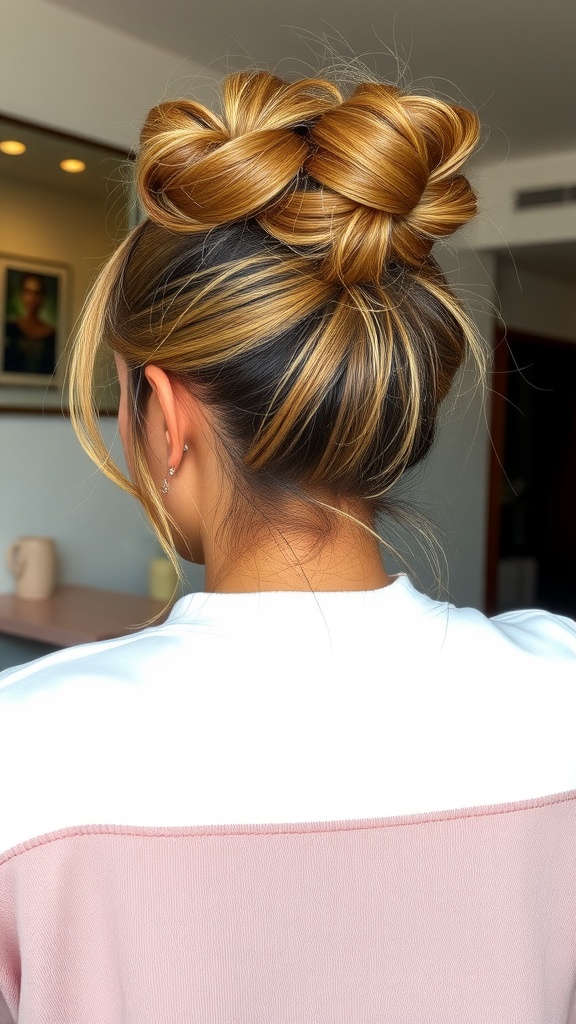 A stylish messy bun hairstyle with two twisted sections on top, showcasing the beauty of a weave.