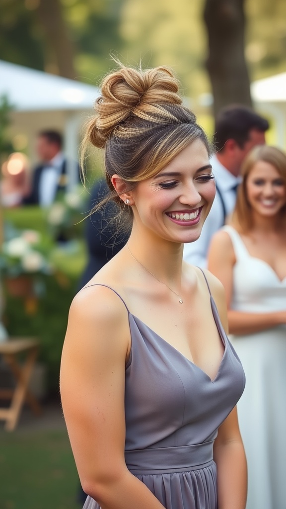 A smiling bridesmaid with a messy bun hairstyle, wearing a grey dress, standing in a garden setting.