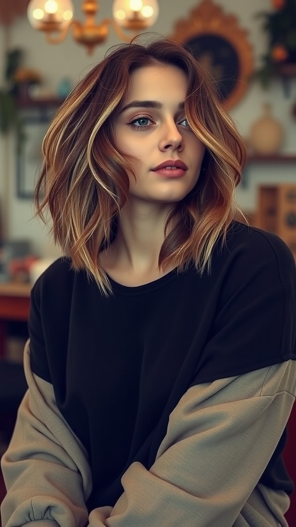 A young woman with a messy bob hairstyle, wearing a black oversized sweater, looking stylish and relaxed.
