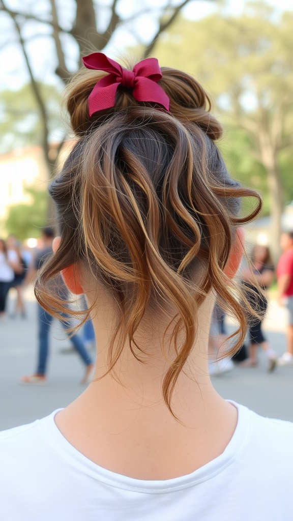 A woman with a messy curly ponytail styled high with a red bow, showcasing loose curls.