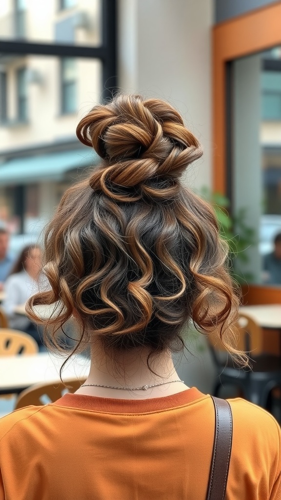 A woman with a messy curly top knot hairstyle, showcasing loose curls around her face.