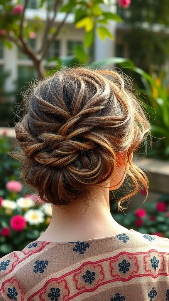 A messy curly updo with flowers, showcasing a playful hairstyle perfect for casual occasions.