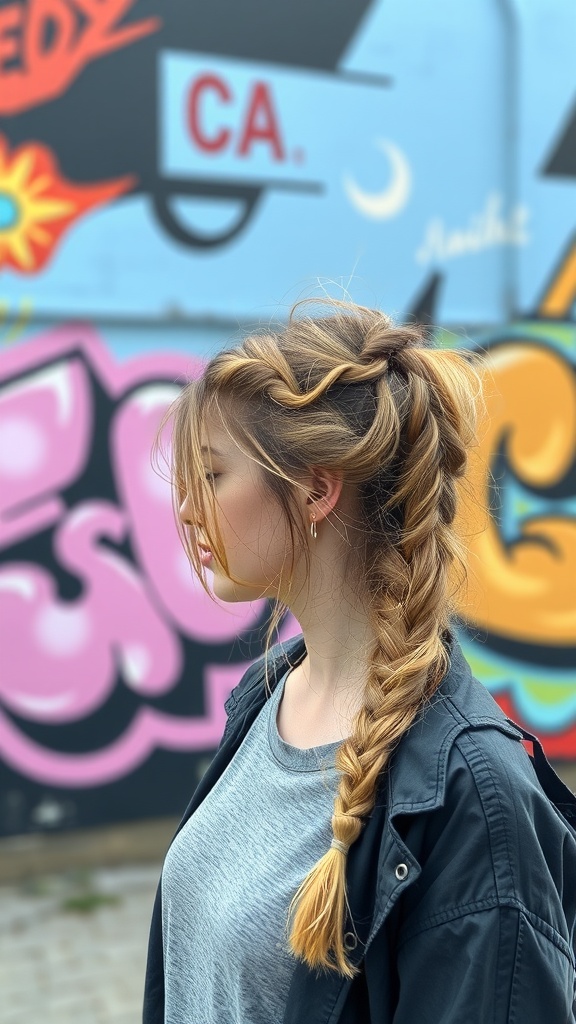 A woman with a messy Dutch braid hairstyle against a colorful graffiti background.