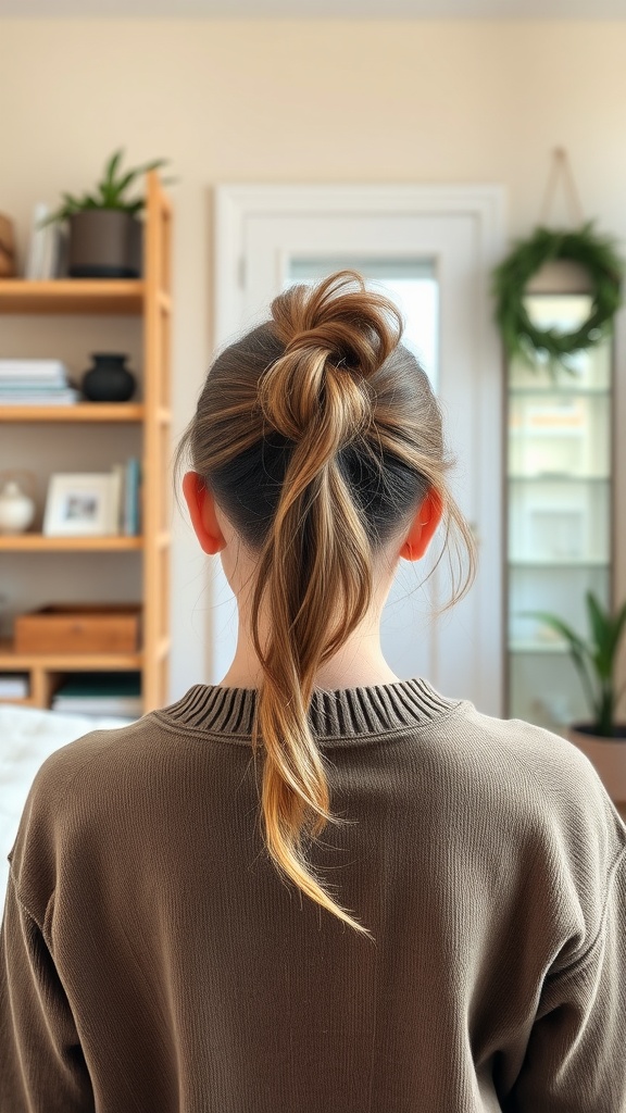A woman with a messy frontal ponytail, showcasing a casual hairstyle.