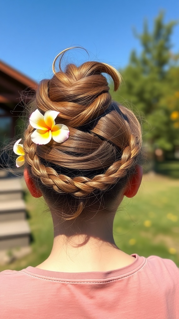 A woman with a half-braided bun decorated with flowers, showcasing a relaxed hairstyle