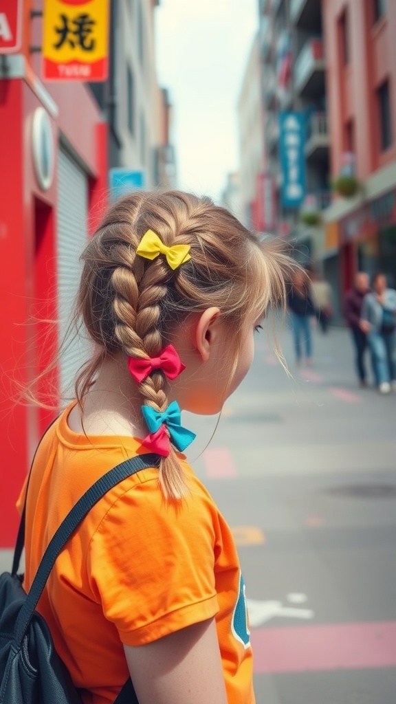 A girl with a half braid hairstyle, colorful bows in her hair, standing in a city setting.