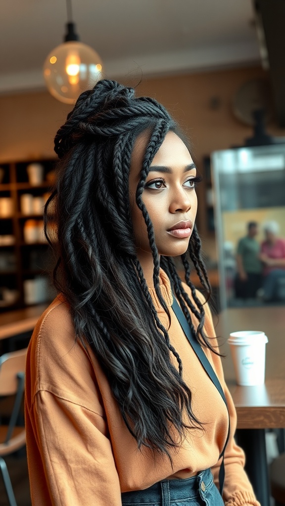 A woman with a messy half up half down quick weave hairstyle, showcasing loose waves and a casual bun.