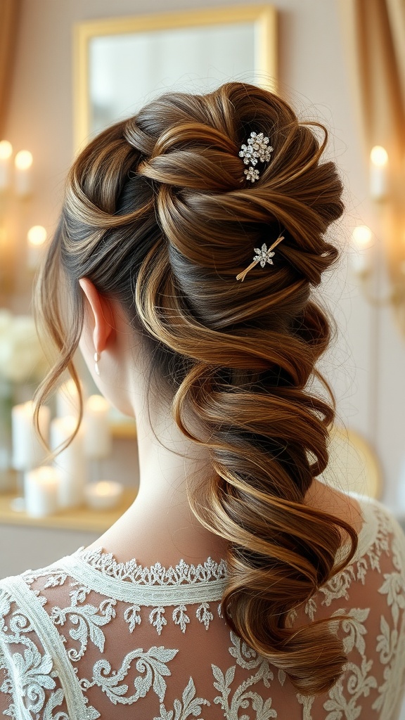A messy high ponytail hairstyle adorned with sparkling hairpins, showcasing soft waves and a chic look.