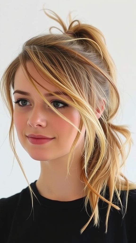 A woman with a messy mid ponytail, featuring loose strands framing her face, showcasing a casual hairstyle.