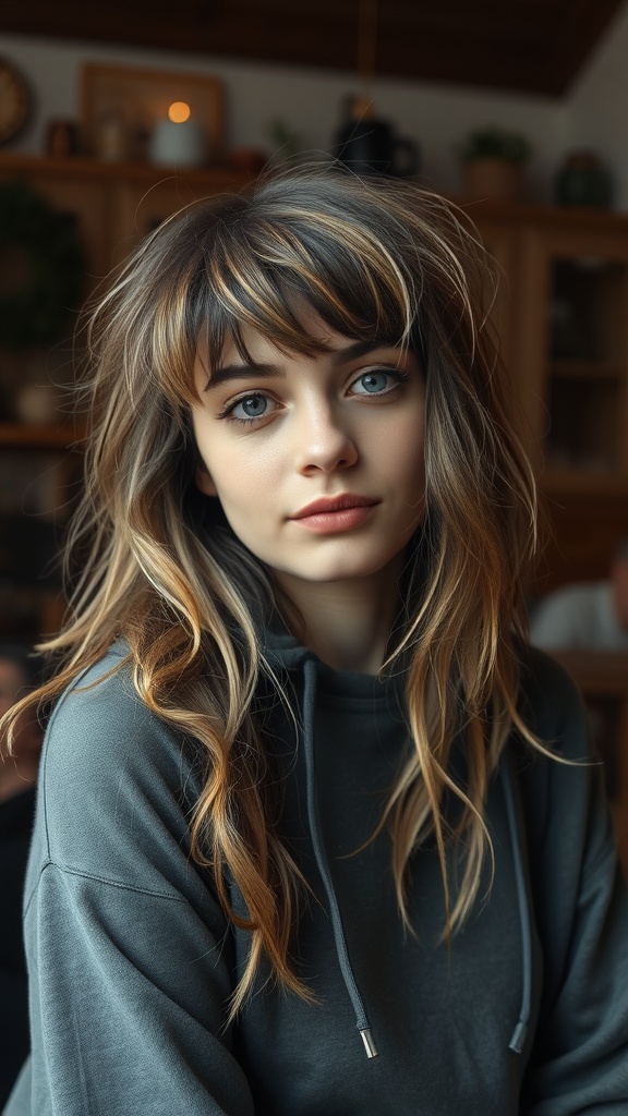 A young woman with a messy mullet hairstyle featuring bangs, looking relaxed in a cozy setting.
