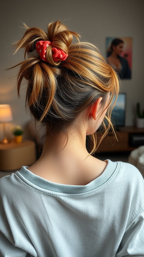 A woman with a messy ponytail tied with a red polka dot scrunchie, seen from behind, wearing a light blue top.