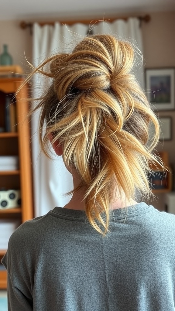 A messy ponytail hairstyle with chic volume, showcasing loose strands and relaxed style