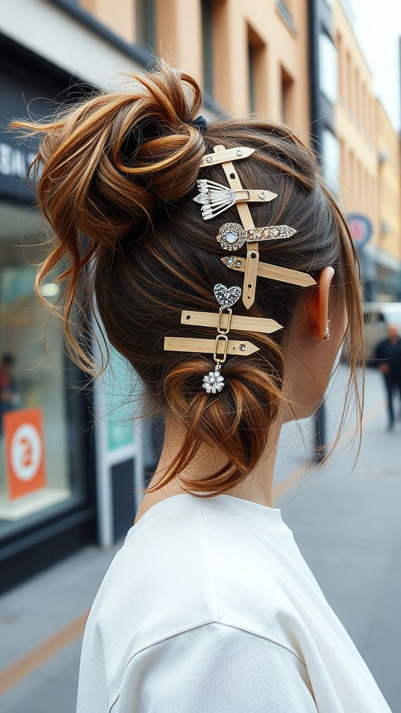 A stylish messy ponytail adorned with decorative hair clips.